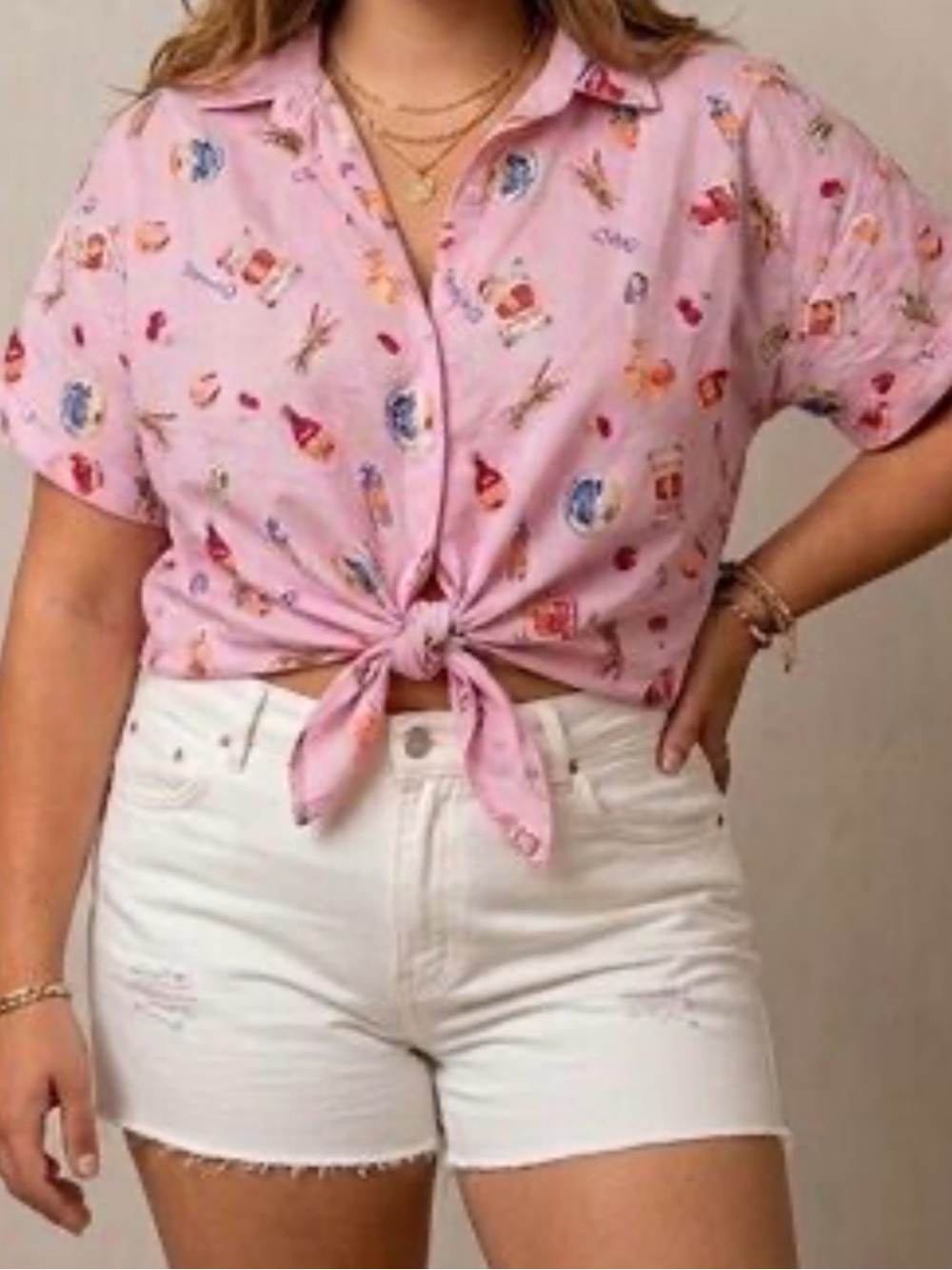 Haver & Blair London Pink Novelty Food Print Tie-Front Button-Down Shirt
